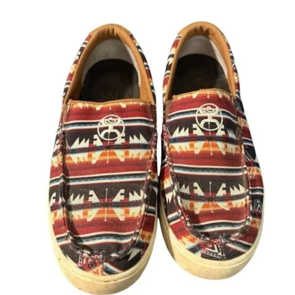 Mens Slip-On Shoes With Aztec Print Canvas & Suede Accents Size 10